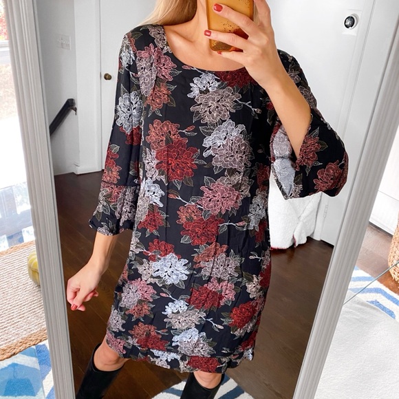 🍂 TARGET COLLECTION BOHO BLACK GREEN MULTI FLORAL CAPRI SLEEVE LOOSE FIT DRESS! - Picture 5 of 14